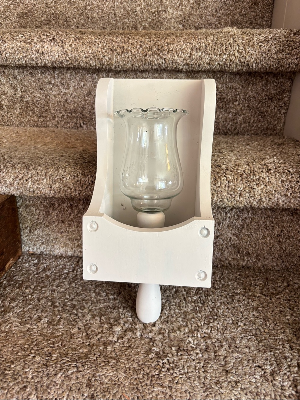 White Wooden Wall Sconce with Clear Glass Hurricane